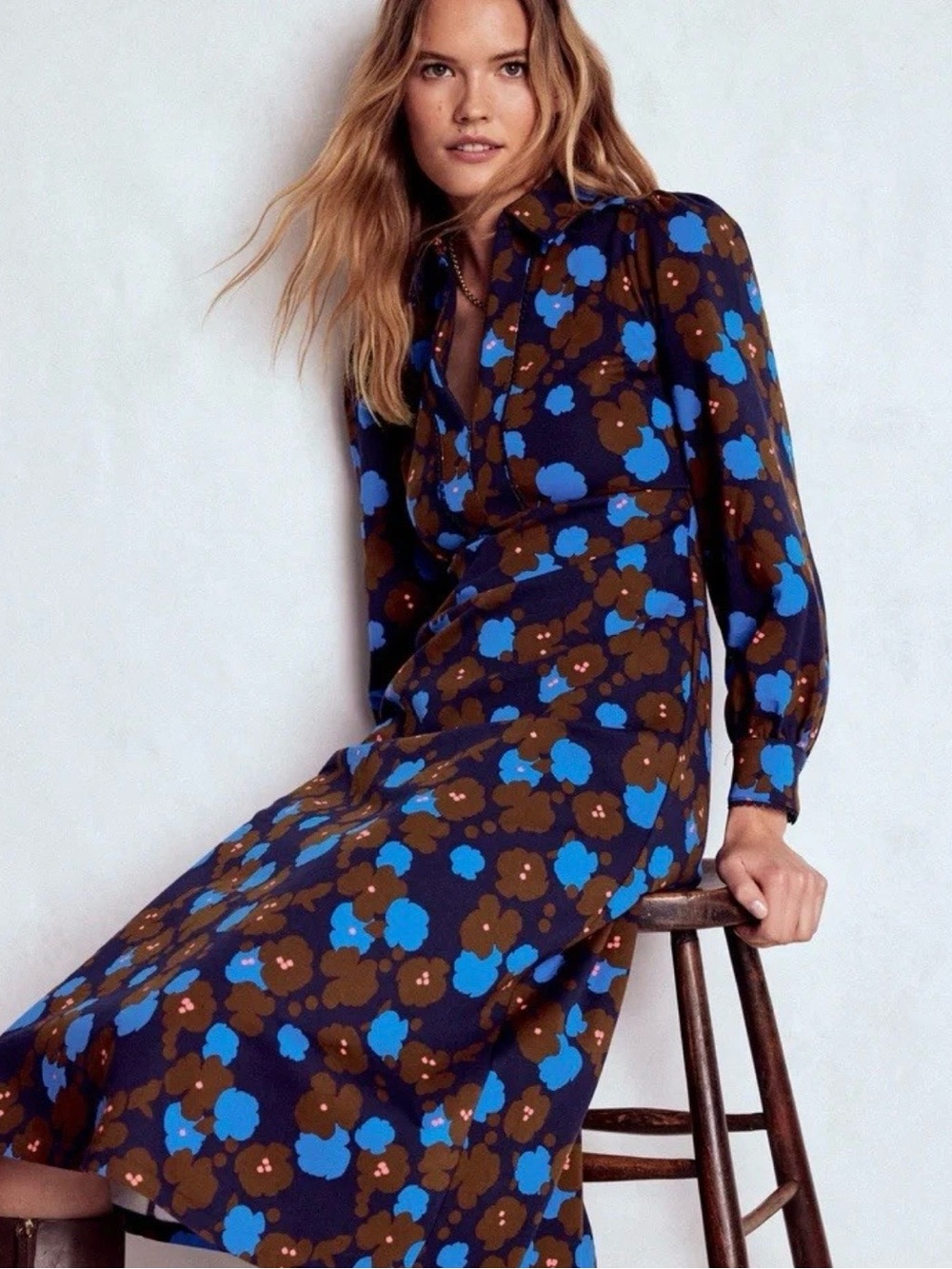 Boden Long-Sleeve Floral Midi Dress in Blue and Brown